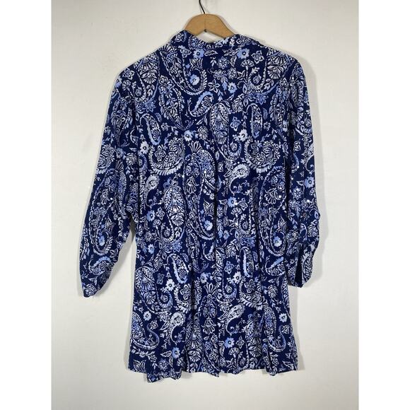 Emily Daniels Top 2X Blue Paisley Slinky Knit Travel Button Up Coastal Mature - Picture 10 of 13